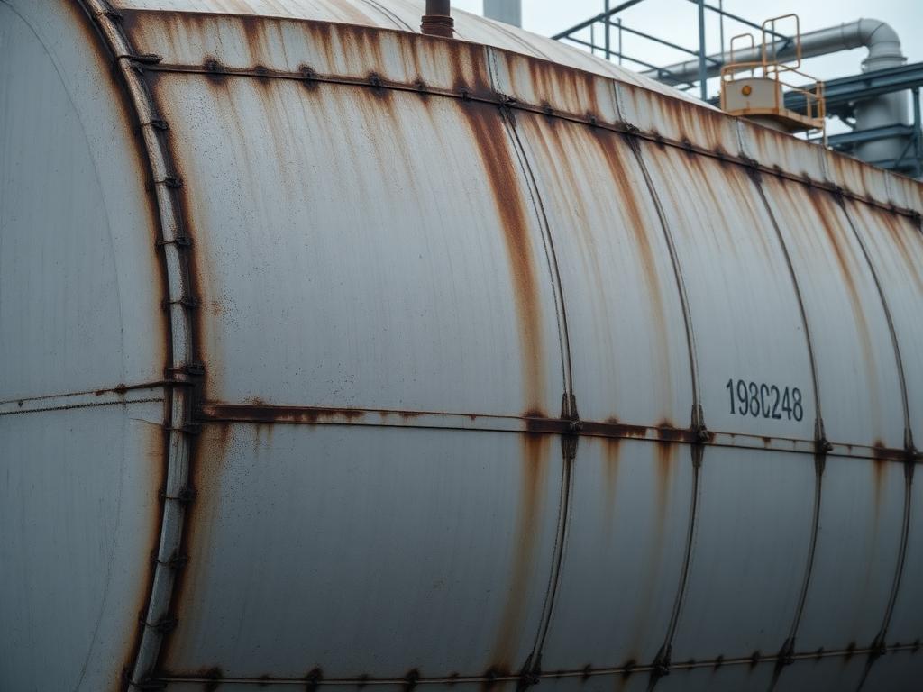 Tank exterior before cleaning, with rust and hydrocarbon stains